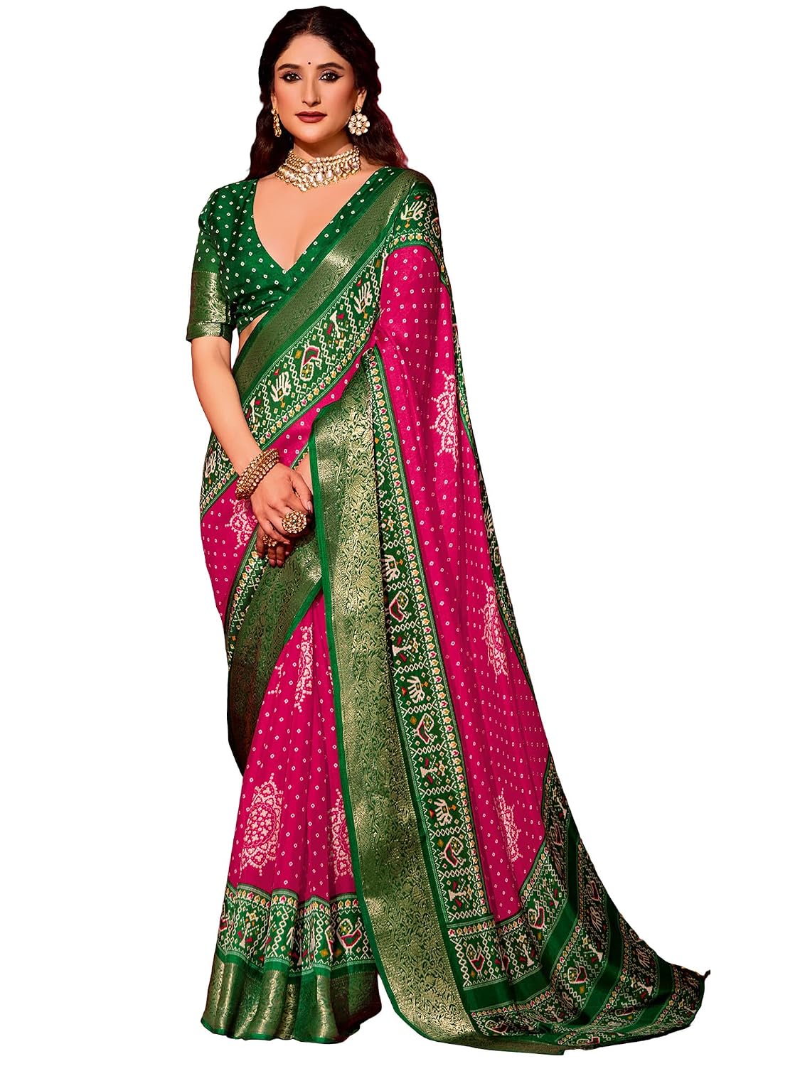 Yellow Silk Blend Polka Dots Saree - Pink