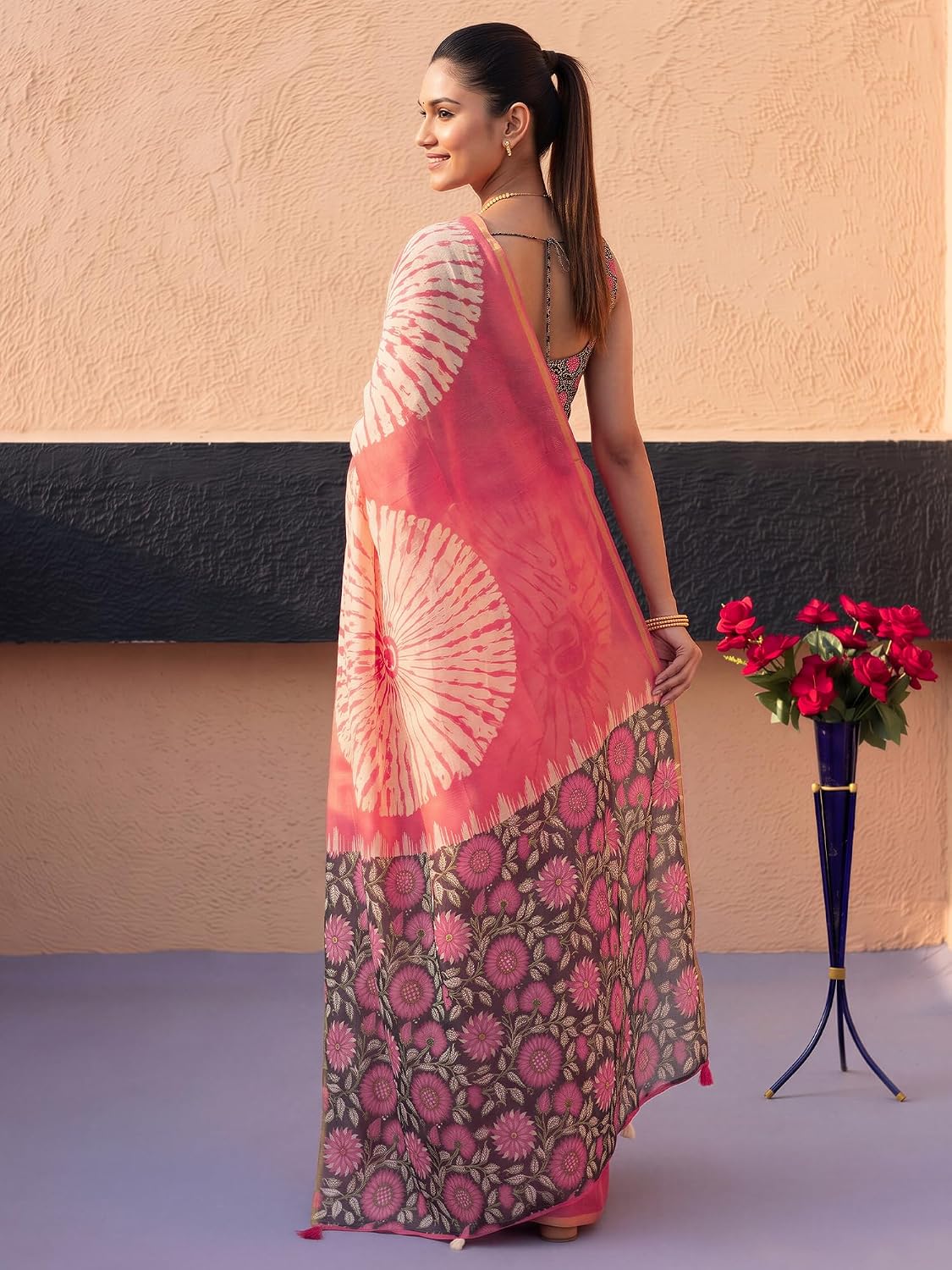 Pink Cotton Blend Shibori Saree
