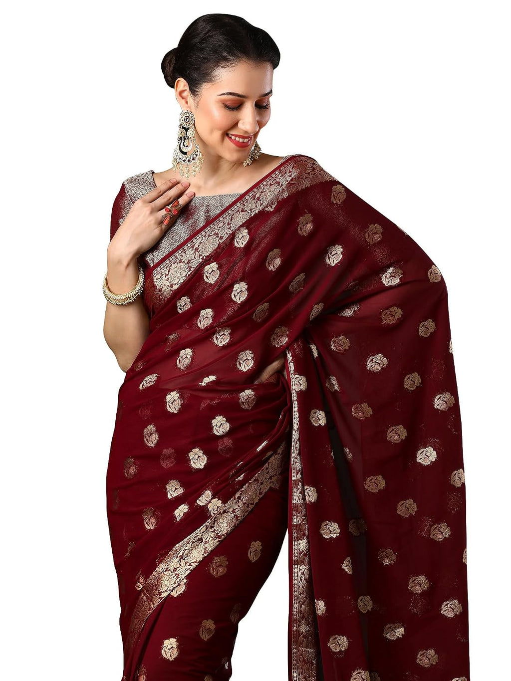 Red Georgette Ethnic Motif Saree - Maroon
