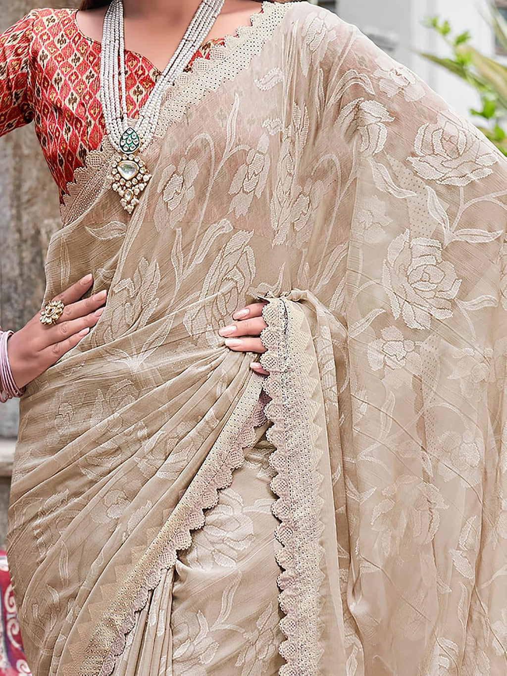Cream Chiffon Embellished Saree
