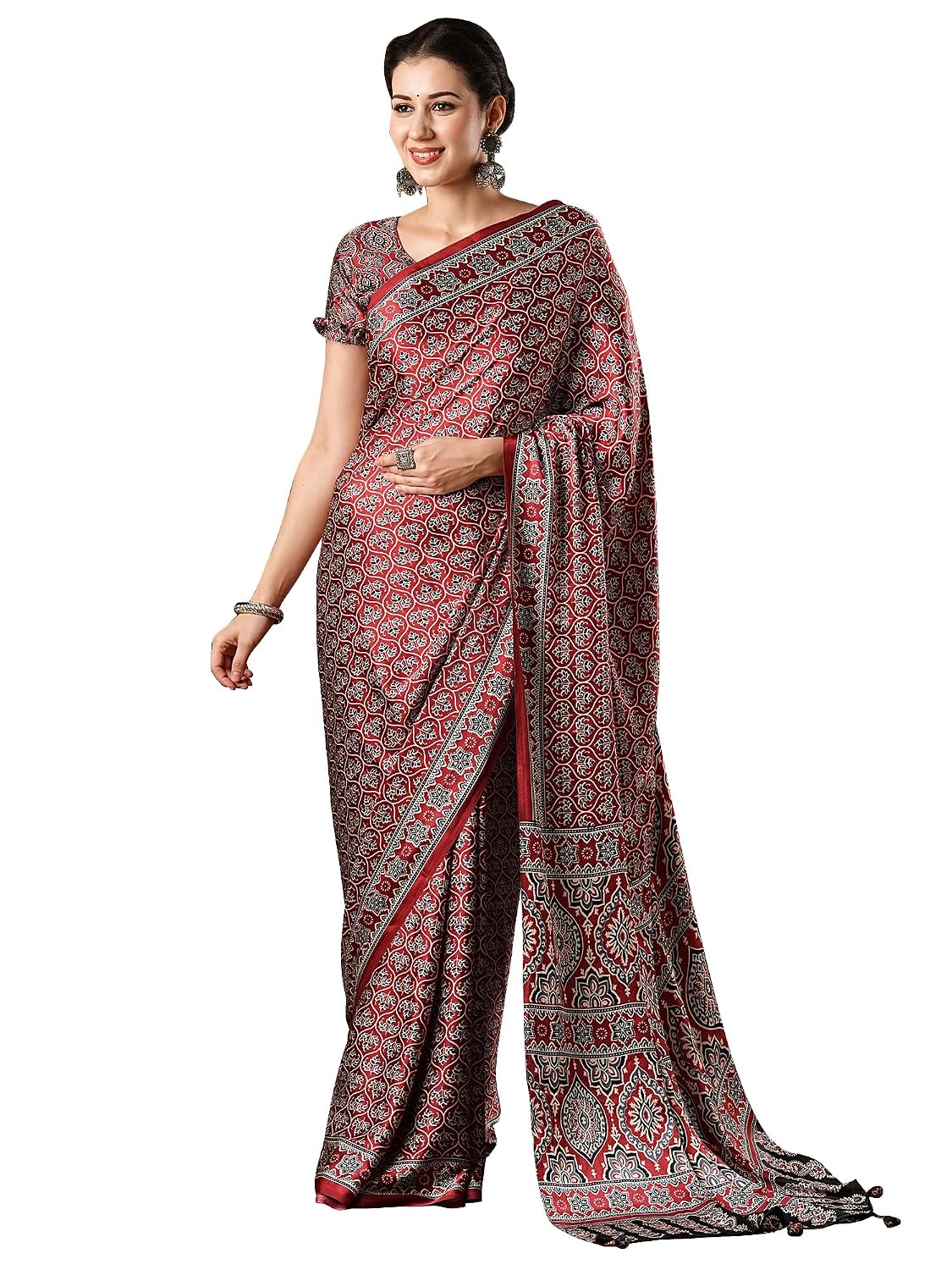 Red Cotton Blend Animal Print Saree - Red 2