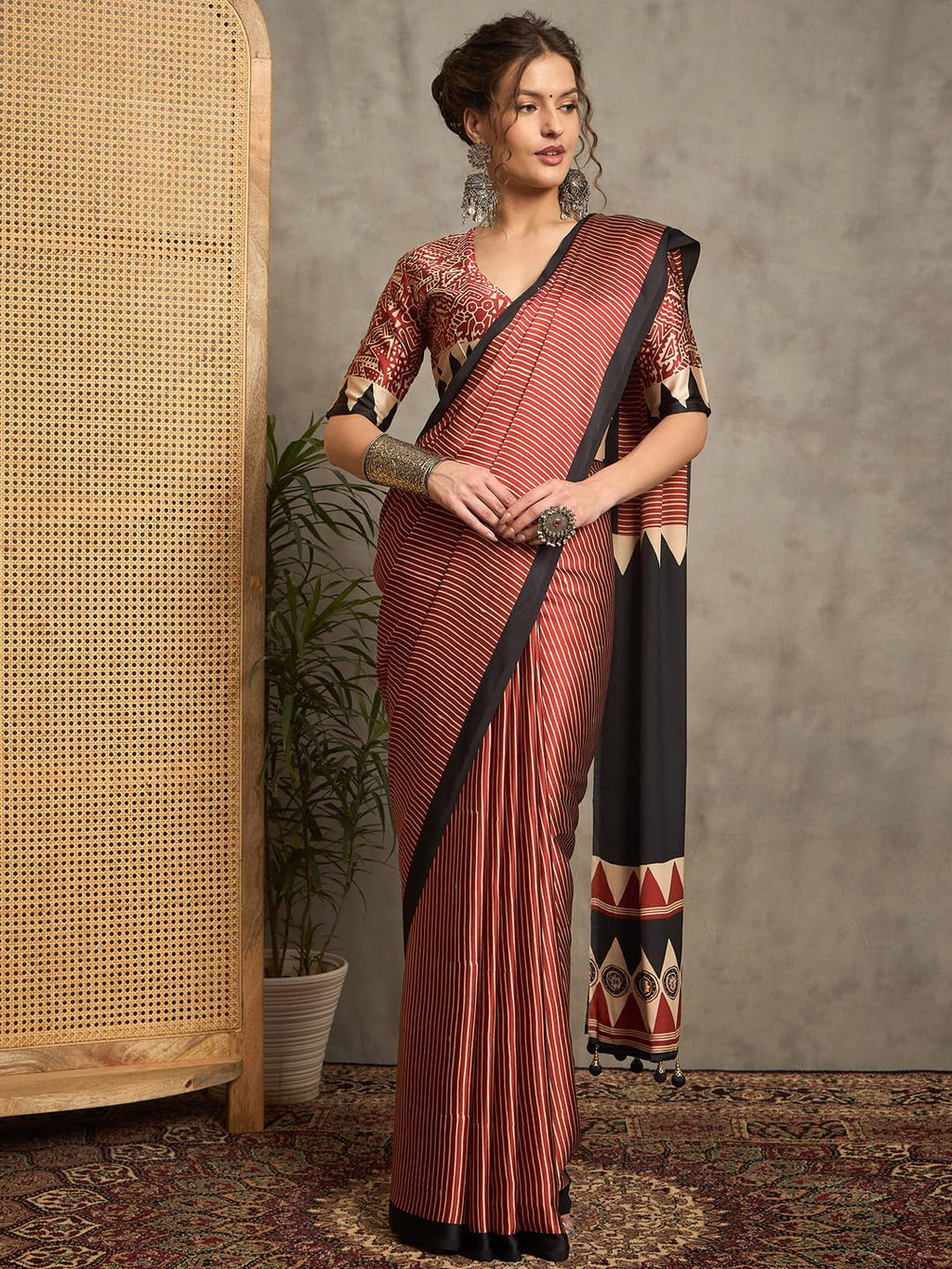 Maroon Crepe Striped Saree