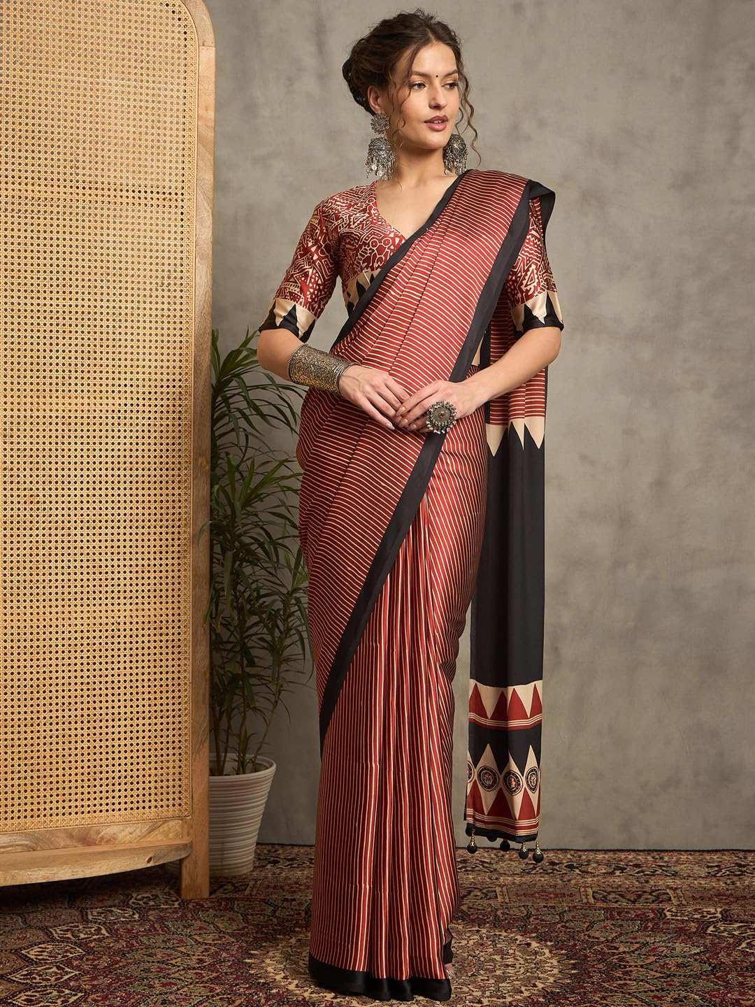 Maroon Crepe Striped Saree