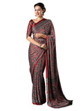 Red Cotton Blend Animal Print Saree