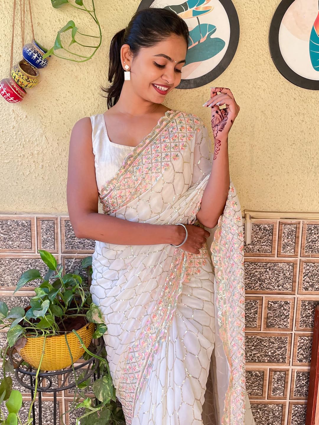 Off White Georgette Embellished Saree