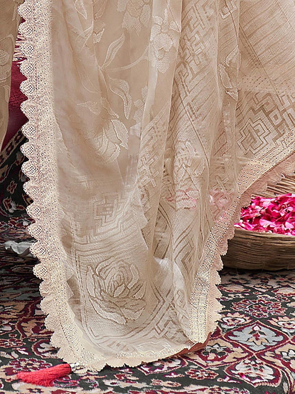 Cream Chiffon Embellished Saree