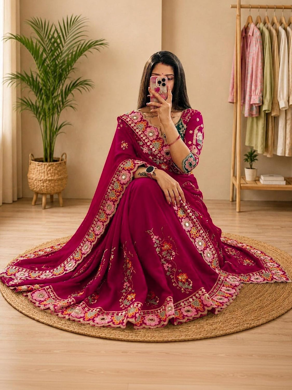 Pink Silk Floral Saree