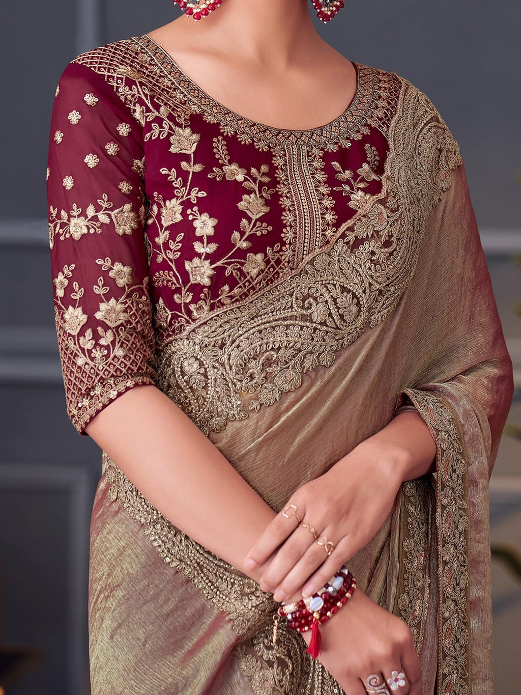 Burgundy Silk Polka Dots Saree