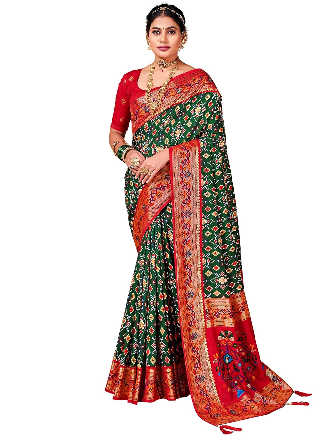 Red Banarasi Silk Peacock Saree - Green 1