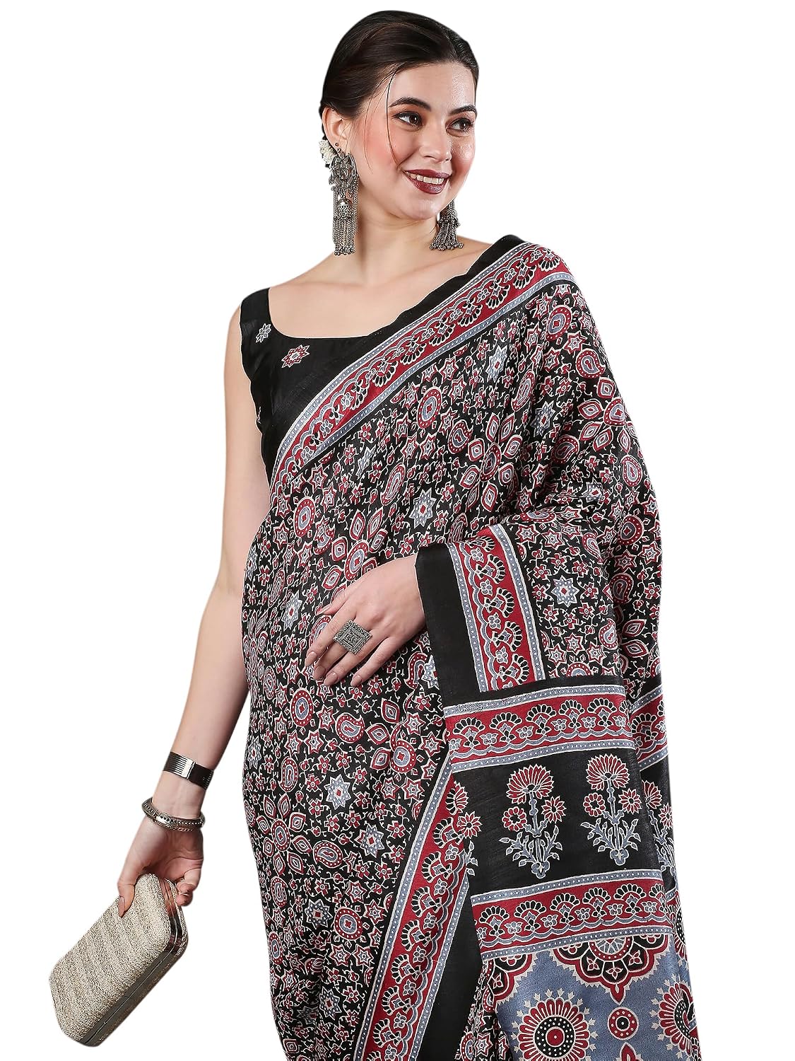 Red Bhagalpuri Silk Ethnic Motif Saree - Black 1