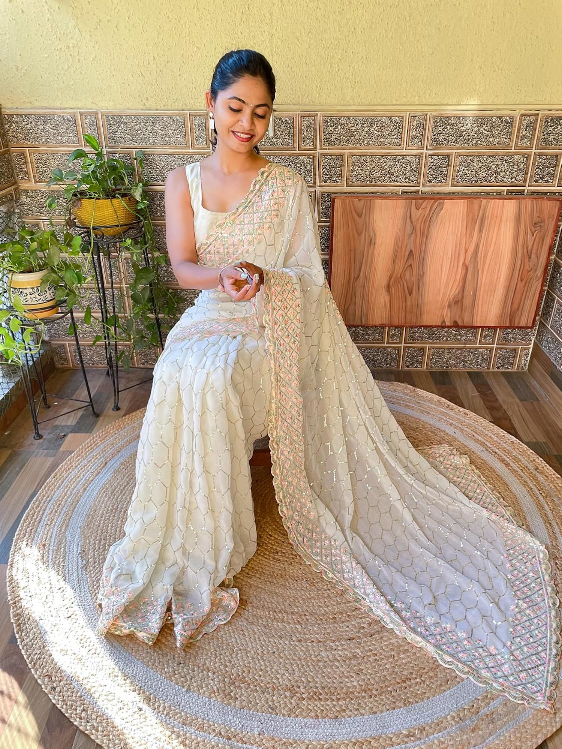 Off White Georgette Embellished Saree