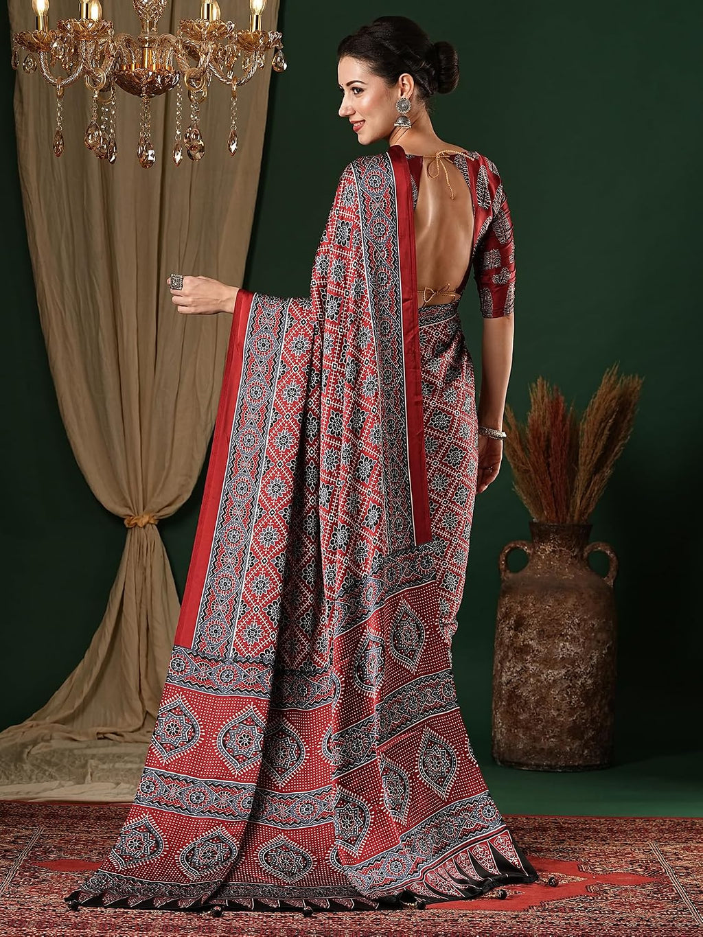 Red Cotton Blend Animal Print Saree