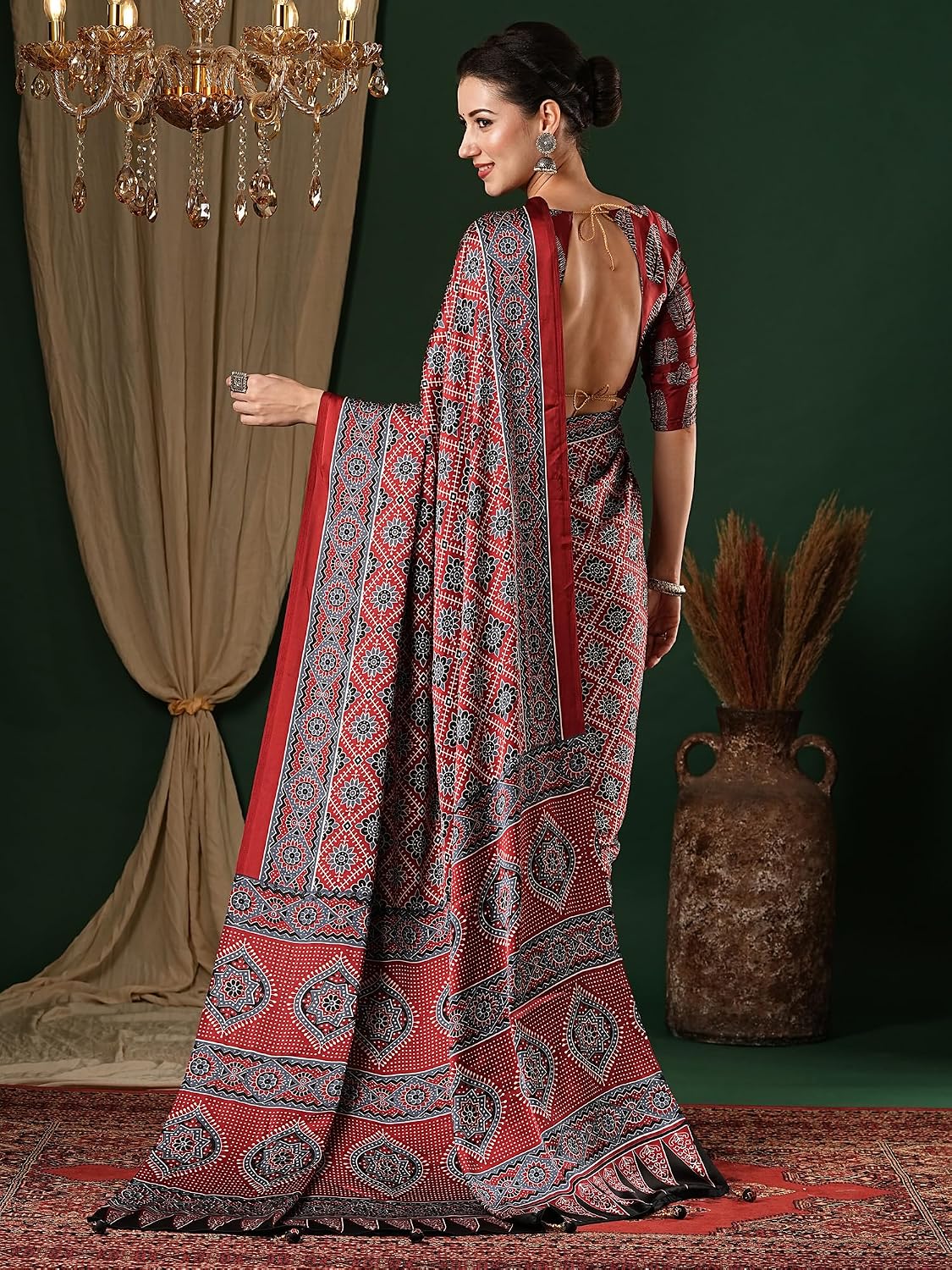 Red Cotton Blend Animal Print Saree