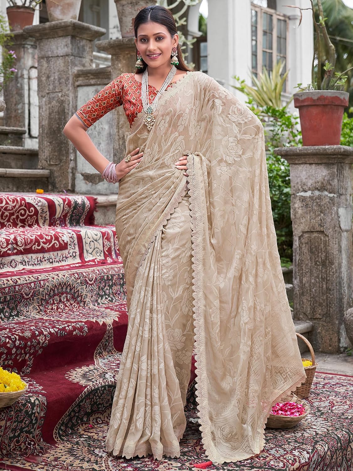 Cream Chiffon Embellished Saree