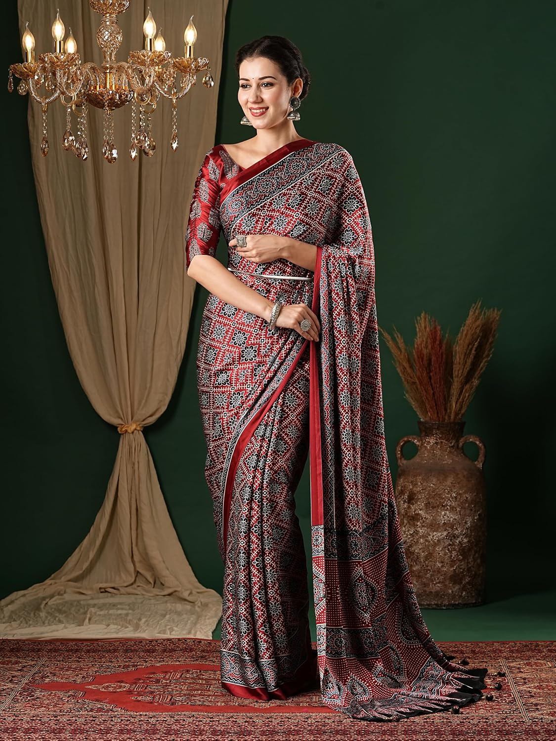 Red Cotton Blend Animal Print Saree
