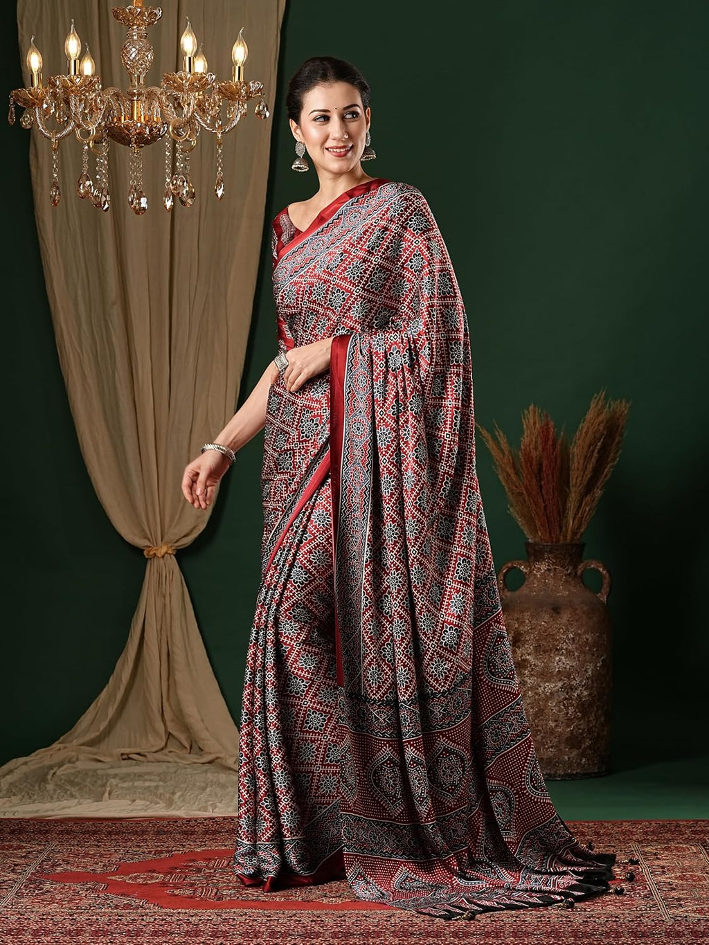 Red Cotton Blend Animal Print Saree