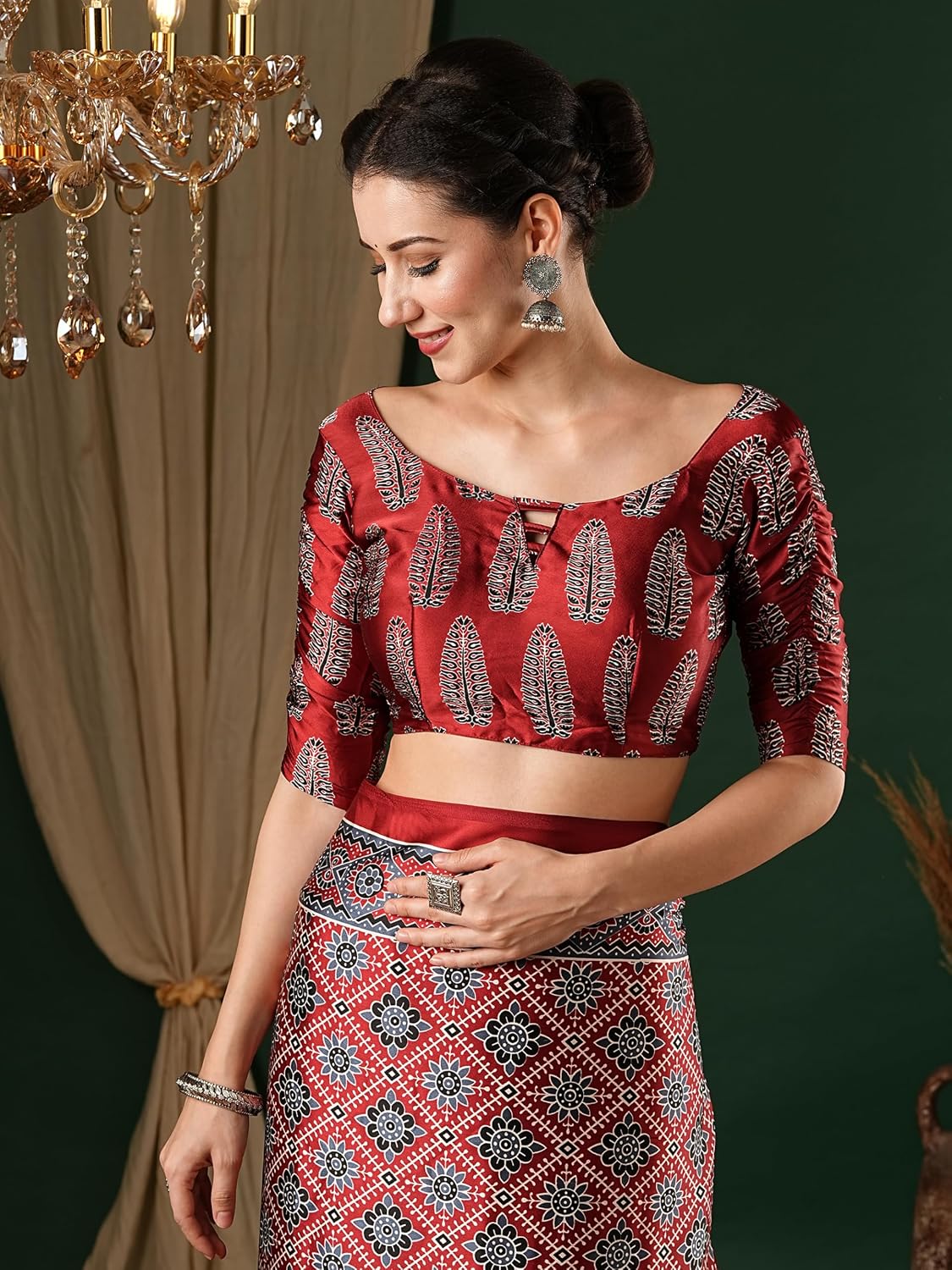 Red Cotton Blend Animal Print Saree